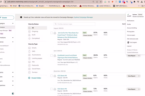 Email marketing portfolio example — Mailchimp campaign management for kitchenconnection, showing email design and performance tracking